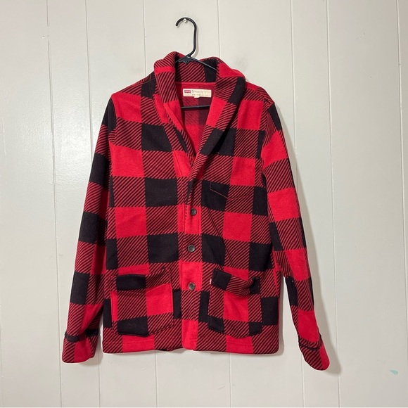 Levi's  Buffalo Plaid  Cardigan Black Red  Fleece Lined Size M - Picture 2 of 9